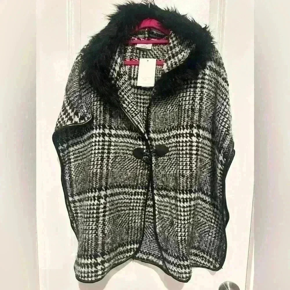 NEW NWT Black Houndstooth Check Wool Blend Hooded Cape Jacket